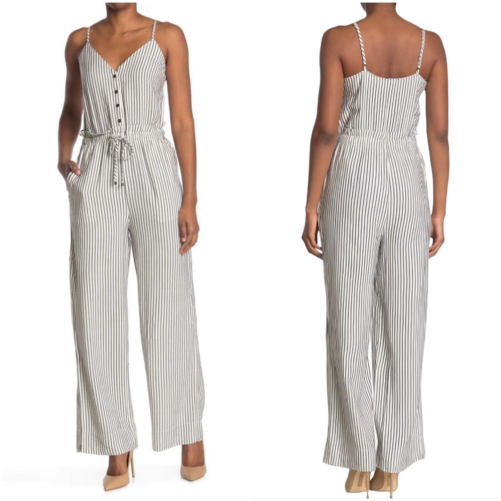 7 For All Mankind White Navy Pinstriped Paperbag Jumpsuit Women’s Sz Small - Picture 1 of 12